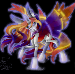 Size: 724x715 | Tagged: safe, artist:florarena-kitasatina/dragonborne fox, oc, oc only, oc:katie rubywing, changeling, black background, broken horn, changeling oc, colored wings, creepy, emaciated, flowing mane, glasgow smile, glowing eyes, glowing eyes of doom, head tilt, horn, lineless, looking at you, multiple wings, ow the edge, rainbow power, raised hoof, red changeling, simple background, skinny, staring into your soul, thin, this isn't even my final form, watermark, what has magic done, wraith