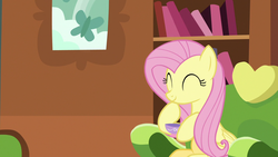 Size: 1280x720 | Tagged: safe, screencap, fluttershy, pegasus, pony, discordant harmony, g4, ^^, cup, cute, eyes closed, female, mare, shyabetes, sitting, smiling, solo, teacup