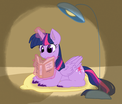 Size: 940x800 | Tagged: safe, artist:peachmonsters, twilight sparkle, alicorn, pony, g4, book, female, glowing horn, horn, lamp, magic, pillow, prone, reading, solo, telekinesis, twilight sparkle (alicorn), unshorn fetlocks