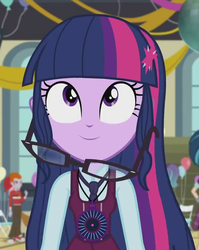 Size: 548x687 | Tagged: safe, edit, edited screencap, screencap, heath burns, sci-twi, twilight sparkle, equestria girls, g4, my little pony equestria girls: friendship games, clothes, crystal prep academy uniform, cute, inverted mouth, loose hair, original hair, school uniform, smiling, twiabetes, wide eyes