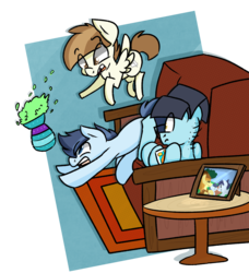 Size: 2332x2560 | Tagged: safe, artist:themodpony, braeburn, featherweight, shady daze, soarin', splash panel, pony, g4, colt, comic geek pony, commission, couch, falling, family photo, father, father and son, flying, glasses, high res, magical gay spawn, male, offspring, parents:soarburn, son, table, vase