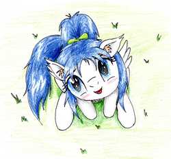 Size: 4188x3879 | Tagged: safe, artist:40kponyguy, derpibooru exclusive, oc, oc only, oc:clarise, pegasus, pony, blushing, cute, ear fluff, floppy ears, head tilt, looking at you, looking up, ponytail, solo, traditional art