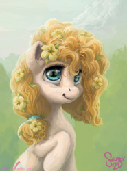 Size: 1000x1354 | Tagged: safe, artist:nemo2d, pear butter, earth pony, pony, g4, female, flower, flower in hair, mare, smiling, solo