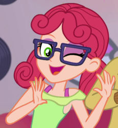 Size: 561x606 | Tagged: safe, screencap, alizarin bubblegum, coinky-dink world, equestria girls, g4, my little pony equestria girls: summertime shorts, background human, cropped, one eye closed, wink