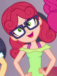 Size: 374x496 | Tagged: safe, screencap, alizarin bubblegum, coinky-dink world, eqg summertime shorts, equestria girls, g4, background human, cropped, female, glasses, smiling
