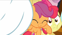 Size: 1136x640 | Tagged: safe, screencap, apple bloom, bulk biceps, scootaloo, g4, on your marks, squished, squishy cheeks