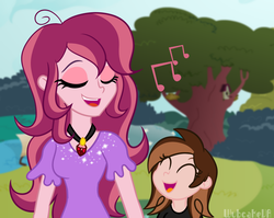 Size: 822x655 | Tagged: dead source, safe, artist:wubcakeva, oc, oc only, oc:cinnamon, oc:contralto, equestria girls, g4, daughter, disguised siren, female, kid, like mother like daughter, like parent like child, mother, mother and daughter, singing, tree