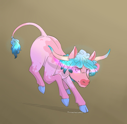 Size: 1540x1505 | Tagged: safe, artist:mint-and-love, oc, oc only, oc:rumble tumble, bull, cow, bovine, cloven hooves, cotton candy bull, glowing eyes, horns, male, moo