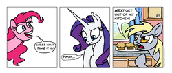 Size: 1005x426 | Tagged: safe, artist:gingerfoxy, derpy hooves, pinkie pie, rarity, earth pony, pegasus, pony, unicorn, pony comic generator, g4, comic, food, muffin, out of context