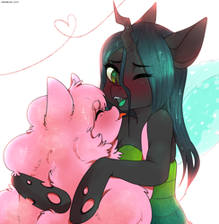 Size: 4000x4092 | Tagged: safe, artist:yukomaussi, queen chrysalis, oc, oc:fluffle puff, semi-anthro, g4, arm hooves, blushing, canon x oc, cute, cutealis, eyes closed, female, flufflebetes, heart, heart eyes, hug, lesbian, licking, ocbetes, open mouth, redraw, ship:chrysipuff, shipping, simple background, smiling, tongue out, white background, wingding eyes