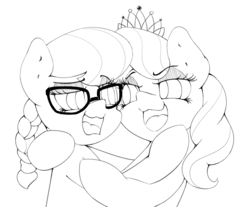 Size: 1447x1200 | Tagged: safe, artist:lyrabop, diamond tiara, silver spoon, earth pony, pony, g4, black and white, eye contact, female, grayscale, hug, looking at each other, monochrome, simple background, white background