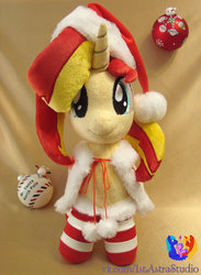 Size: 1024x1397 | Tagged: safe, artist:1stastrastudio, sunset shimmer, pony, unicorn, g4, c:, christmas, clothes, costume, cute, female, hat, holiday, irl, looking at you, mare, photo, plushie, santa costume, santa hat, shimmerbetes, smiling, socks, solo, striped socks