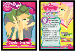 Size: 900x613 | Tagged: safe, artist:gamemastertom, oc, oc only, oc:comic drama, pegasus, pony, card, female, implied adoption, info, looking up, mare, my little pony logo, open mouth, pegasus oc, spanish, text