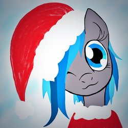 Size: 1024x1024 | Tagged: safe, artist:leadhooves, edit, oc, oc only, oc:a.l.i., earth pony, pony, robot, robot pony, christmas, hat, holiday, one eye closed, santa hat, smiling, wink