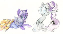 Size: 1280x691 | Tagged: safe, artist:php27, oc, oc only, oc:sleepyhead, earth pony, pony, unicorn, boop, noseboop, sleeping, traditional art, watercolor painting