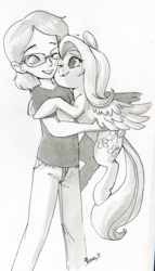 Size: 1096x1920 | Tagged: safe, artist:php27, fluttershy, oc, human, pegasus, pony, g4, cheek squish, hug, human male, looking at each other, male, monochrome, smiling, spread wings, squishy cheeks, traditional art, watercolor painting, wings