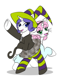 Size: 1594x2106 | Tagged: safe, artist:jolliapplegirl, rarity, sweetie belle, pony, unicorn, g4, animal costume, boozle, cat costume, clothes, cosplay, costume, cute, dress, female, ghost cat costume, ghost costume, halloween, halloween costume, hat, mare, pantyhose, scary godmother, shoes, skirt, skirt lift, socks, striped pantyhose, striped socks, tabitha st. germain, tutu, voice actor joke, witch costume, witch hat
