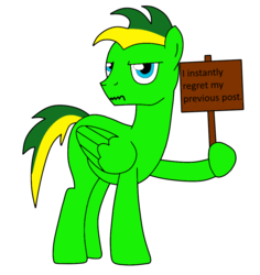 Size: 868x921 | Tagged: safe, artist:didgereethebrony, oc, oc only, oc:didgeree, pegasus, pony, grumpy, hoof hold, looking at you, male, needs more saturation, regret, sign, simple background, solo, stallion, transparent background
