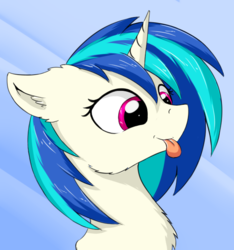 Size: 589x630 | Tagged: safe, artist:wolfypon, dj pon-3, vinyl scratch, pony, unicorn, g4, :p, abstract background, bust, cheek fluff, chest fluff, ear fluff, female, fluffy, mare, missing accessory, no glasses, silly, smiling, solo, tongue out