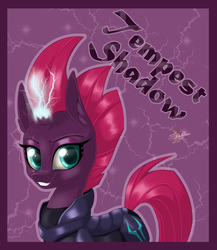 Size: 800x921 | Tagged: safe, artist:unisoleil, tempest shadow, pony, unicorn, g4, my little pony: the movie, abstract background, broken horn, eye scar, female, horn, magic, scar, solo, sparking horn