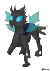 Size: 1400x2000 | Tagged: dead source, safe, artist:afterman, changeling, hoof on chest, simple background, smiling, standing, transparent background, wings