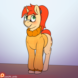 Size: 4000x4000 | Tagged: safe, artist:mr.smile, oc, oc only, oc:scribble notes, pony, unicorn, blushing, clothes, cute, glasses, nerd, nerd pony, patreon, patreon logo, ponytail, smiling, sweater, turtleneck