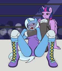 Size: 850x965 | Tagged: safe, artist:linedraweer, trixie, twilight sparkle, alicorn, anthro, plantigrade anthro, fighting is magic, g4, audience, clothes, commission, crowd, fight, headlock, leg lock, leotard, sports, twilight sparkle (alicorn), wrestling, wrestling ring
