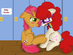 Size: 4562x3458 | Tagged: safe, artist:skyflys, babs seed, twist, g4, blushing, bully, bullying, crying, female, gay pride flag, lesbian, looking at each other, pride, ship:babstwist, shipping