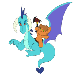Size: 800x800 | Tagged: safe, artist:sanyo2100, princess ember, oc, oc:drake fluster, dragon, earth pony, pony, g4, chibi, cute, fire axe, ponies riding dragons, riding, simple background, transparent background