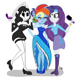 Size: 2000x2000 | Tagged: safe, artist:chelseawest, rainbow dash, rarity, equestria girls, g4, alice angel, bendy and the ink machine, boots, clothes, crossover, cute, dress, garter belt, garters, high heels, high res, makeover, makeup, rainbow dash always dresses in style, shoes, simple background, skirt, transparent background