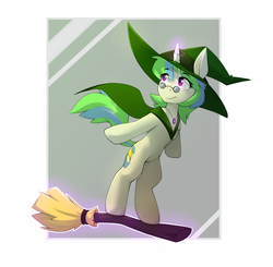 Size: 1500x1467 | Tagged: source needed, useless source url, safe, artist:n_thing, oc, oc only, oc:crescent, pony, unicorn, blind, broom, cape, clothes, commission, female, flying, flying broomstick, hat, jewelry, levitation, magic, mare, pendant, smiling, solo, standing, standing up, telekinesis, witch hat, your character here