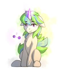 Size: 654x805 | Tagged: source needed, useless source url, safe, artist:n_thing, oc, oc only, oc:crescent, pony, unicorn, chest fluff, cute, female, floppy ears, full body, levitation, looking at you, magic, mare, sitting, smiling, solo, telekinesis