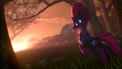 Size: 1920x1080 | Tagged: safe, artist:indexpony, tempest shadow, pony, unicorn, g4, my little pony: the movie, 3d, armor, broken horn, female, grass, horn, mare, solo, source filmmaker, tree