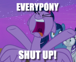 Size: 864x704 | Tagged: safe, screencap, night light, twilight sparkle, twilight velvet, alicorn, pony, g4, once upon a zeppelin, floppy ears, frustrated, image macro, meme, reaction image, shut up, spread wings, text, twilight sparkle (alicorn), wings, yelling