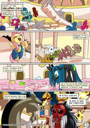 Size: 955x1351 | Tagged: safe, artist:mysticalpha, discord, fluttershy, lord tirek, queen chrysalis, alicorn, changeling, changeling queen, draconequus, pegasus, pony, comic:day in the lives of the royal sisters, animal, background pony, cake, canterlot castle, clothes, comic, crown, dialogue, dress, drinking straw, female, fire, food, gala dress, horseshoes, jewelry, mare, nose piercing, nose ring, open mouth, peytral, piercing, property damage, regalia, septum piercing, silhouette, speech bubble, suit
