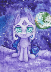 Size: 1415x2000 | Tagged: safe, artist:0okami-0ni, nightmare moon, alicorn, pony, g4, female, filly, helmet, moon, nightmare woon, solo, traditional art