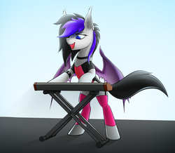 Size: 1950x1700 | Tagged: safe, artist:o0o-bittersweet-o0o, oc, oc only, oc:thorne, bat pony, pony, clothes, female, keyboard, musical instrument, piercing, smiling, standing