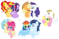 Size: 1024x674 | Tagged: safe, artist:fioweress, applejack, bulk biceps, fluttershy, pinkie pie, princess skystar, rainbow dash, rarity, soarin', sunset shimmer, twilight sparkle, alicorn, classical hippogriff, hippogriff, pony, g4, my little pony: the movie, female, lesbian, male, ship:flutterbulk, ship:rarijack, ship:skypie, ship:soarindash, ship:sunsetsparkle, shipping, simple background, straight, transparent background, twilight sparkle (alicorn)