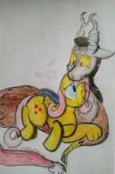 Size: 397x600 | Tagged: safe, artist:queenbluestar, discord, fluttershy, g4, female, male, ship:discoshy, shipping, straight, traditional art