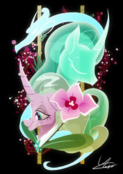 Size: 600x849 | Tagged: safe, artist:ii-art, mistmane, pony, unicorn, campfire tales, g4, black background, clothes, curved horn, dragon spirit, duality, ethereal mane, female, flower, horn, mare, mistmane's flower, simple background, solo, spirit