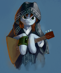 Size: 2162x2560 | Tagged: safe, artist:terrafomer, oc, oc only, oc:littlepip, pony, unicorn, fallout equestria, balalaika, clothes, fanfic, fanfic art, female, high res, hooves, horn, mare, neuromonk feofan, pipbuck, simple background, solo