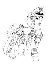 Size: 3310x4114 | Tagged: safe, artist:longinius, oc, oc only, oc:katya ironstead, alicorn, pony, alicorn oc, boots, chest fluff, clothes, coat, female, grayscale, hat, hidden wings, mare, military, monochrome, peaked cap, saber, shoes, uniform, weapon