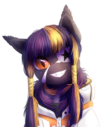 Size: 1900x2200 | Tagged: safe, artist:peachmayflower, oc, oc only, pony, clothes, commission, ear tufts, eyepatch, fangs, grin, simple background, slit pupils, smiling, solo, white background