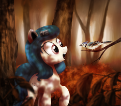Size: 889x782 | Tagged: safe, artist:anticular, oc, oc only, bird, blue jay, earth pony, pony, dappled sunlight, female, forest, mare, nature, solo