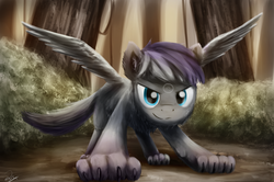 Size: 1438x956 | Tagged: safe, artist:anticular, oc, oc only, hengstwolf, pegasus, pony, werewolf, wolf, wolf pony, commission, looking at you, nature, scenery, solo, spread wings, wings