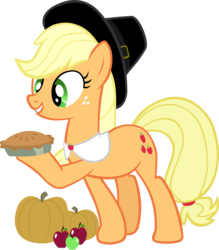 Size: 4228x4817 | Tagged: safe, artist:ironm17, applejack, earth pony, pony, g4, absurd resolution, apple, clothes, female, food, grin, happy, hat, holiday, pie, pilgrim hat, pumpkin, simple background, smiling, solo, thanksgiving, transparent background, vector