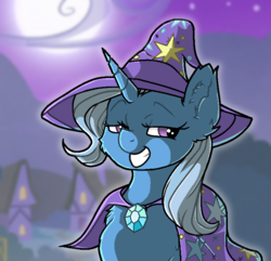 Size: 777x749 | Tagged: safe, artist:victoriathething, trixie, pony, unicorn, g4, cape, clothes, female, fluffy, hat, lidded eyes, looking at you, mare, moon, night, solo, trixie's cape, trixie's hat