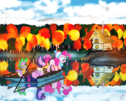 Size: 1357x1085 | Tagged: safe, artist:dsana, pinkie pie, spike, twilight sparkle, alicorn, dragon, earth pony, pony, g4, autumn, boat, clothes, commission, female, forest, hat, house, mare, one eye closed, reflection, scarf, self ponidox, twilight sparkle (alicorn), water, wink