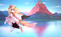 Size: 2000x1212 | Tagged: safe, artist:twinkepaint, oc, oc only, oc:ember (cinnamontee), pegasus, pony, cloud, female, flying, forest, mare, mountain, scenery, sky, smiling, solo, tree, water