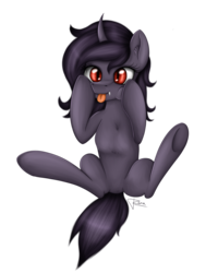 Size: 1600x2000 | Tagged: safe, artist:puggie, oc, oc only, oc:shelby, changeling, pony, changeling oc, silly, silly pony, slit pupils, solo, tongue out